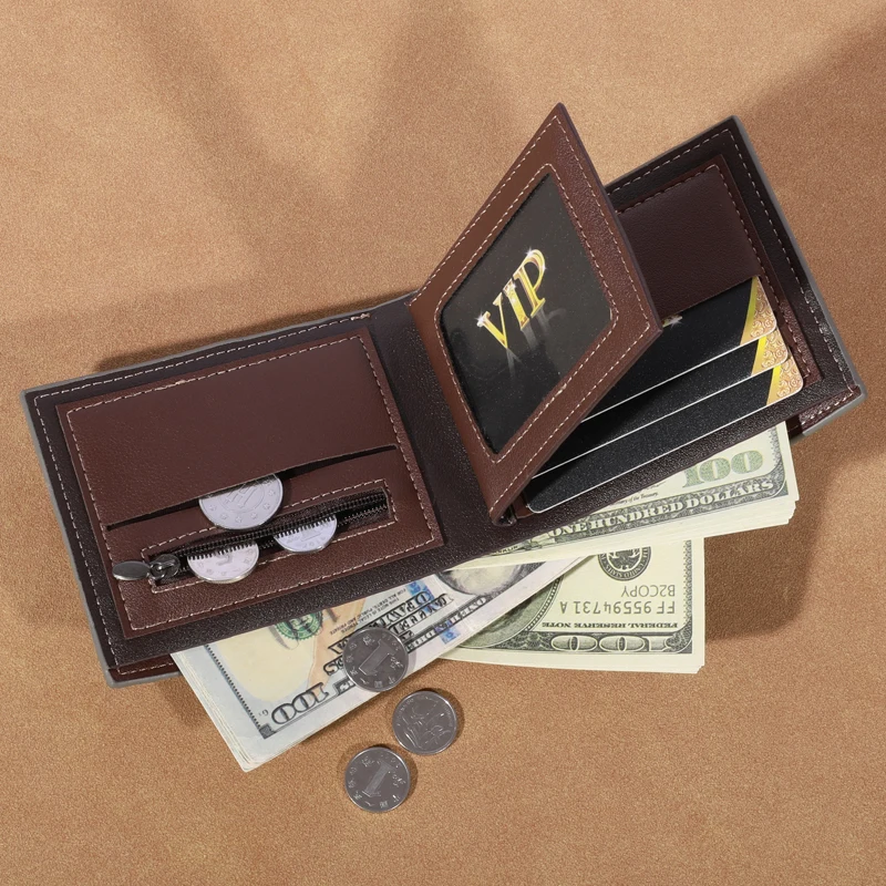 Men's high-capacity leather wallet, small multi slot photo wallet for coins, vintage wallet