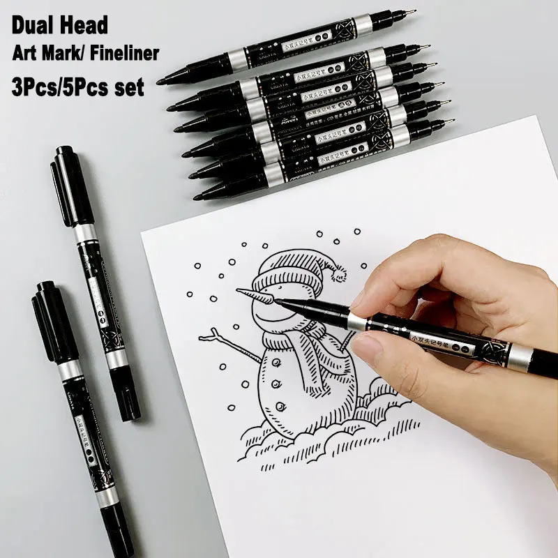 3/5Pcs Set Dual Tip Permanent Art Marker Fineliner Pen 0.5mm 1mm Fine Line Comics Painting Drawing Signature Writing Stationery