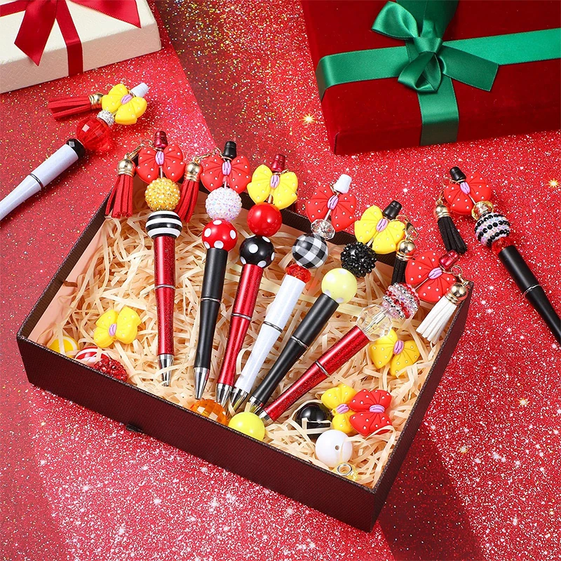 12Pcs Beadable Ballpoint Pens Plastic Xmas Bead Pen Ballpoint Pens Black Ink Ball Pen for Kids Students