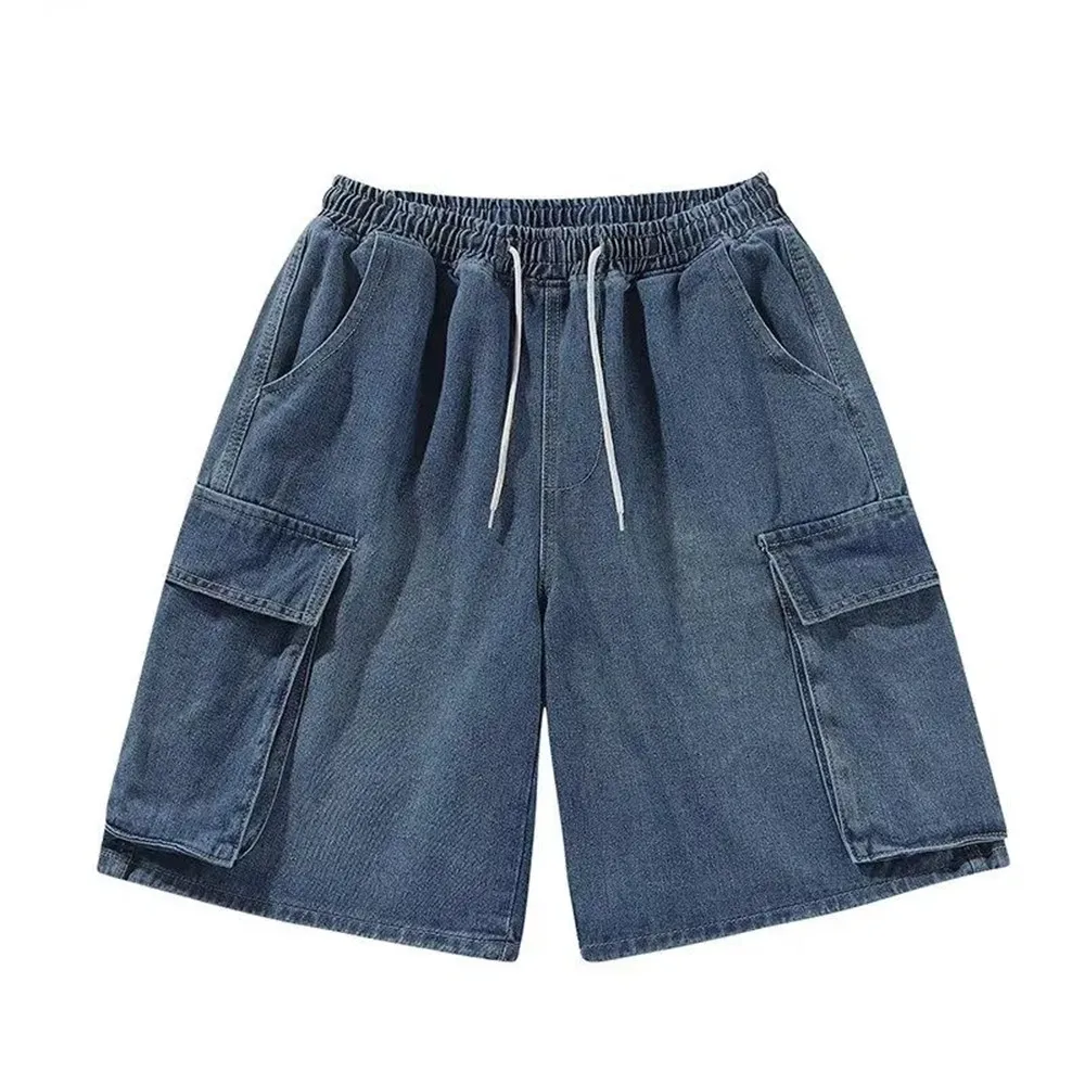 Pocket Casual Denim Shorts Summer Retro Blue Cargo Port Loose Big Pocket Thin Fashion Washed Five Point Casual High Waist Shorts