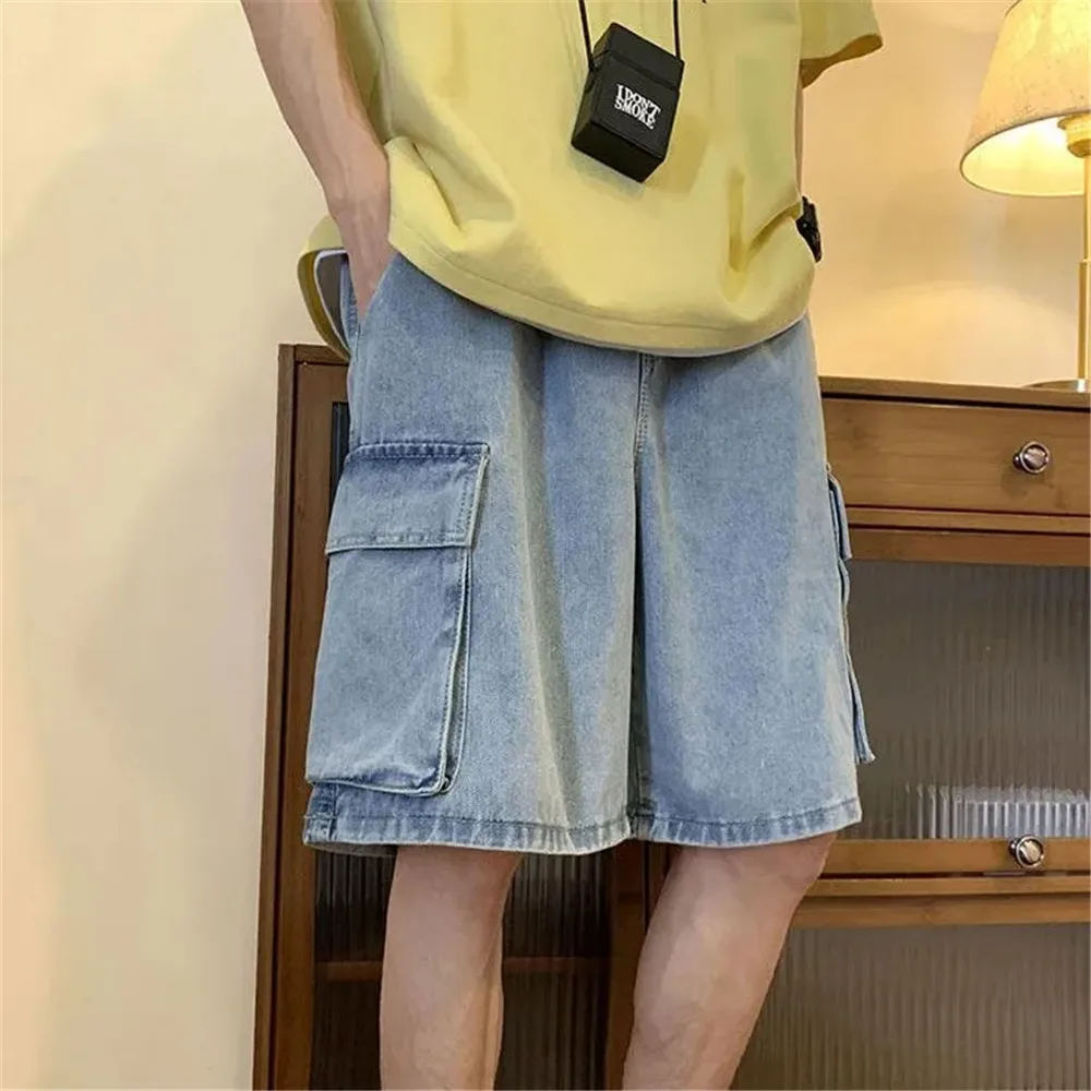Pocket Casual Denim Shorts Summer Retro Blue Cargo Port Loose Big Pocket Thin Fashion Washed Five Point Casual High Waist Shorts