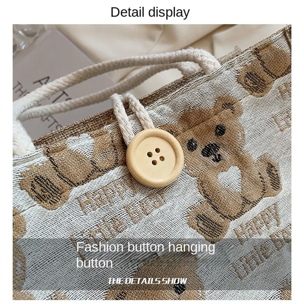 Linen Fabric Canvas Handbag Large-capacity Cartoon Bear Picnic Breakfast Bag With Button Reusable Lunch Bags Women