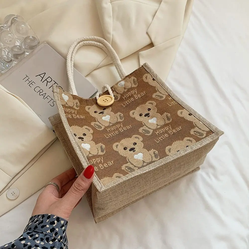 Linen Fabric Canvas Handbag Large-capacity Cartoon Bear Picnic Breakfast Bag With Button Reusable Lunch Bags Women