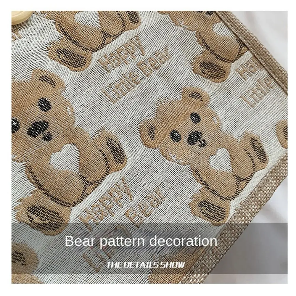 Linen Fabric Canvas Handbag Large-capacity Cartoon Bear Picnic Breakfast Bag With Button Reusable Lunch Bags Women