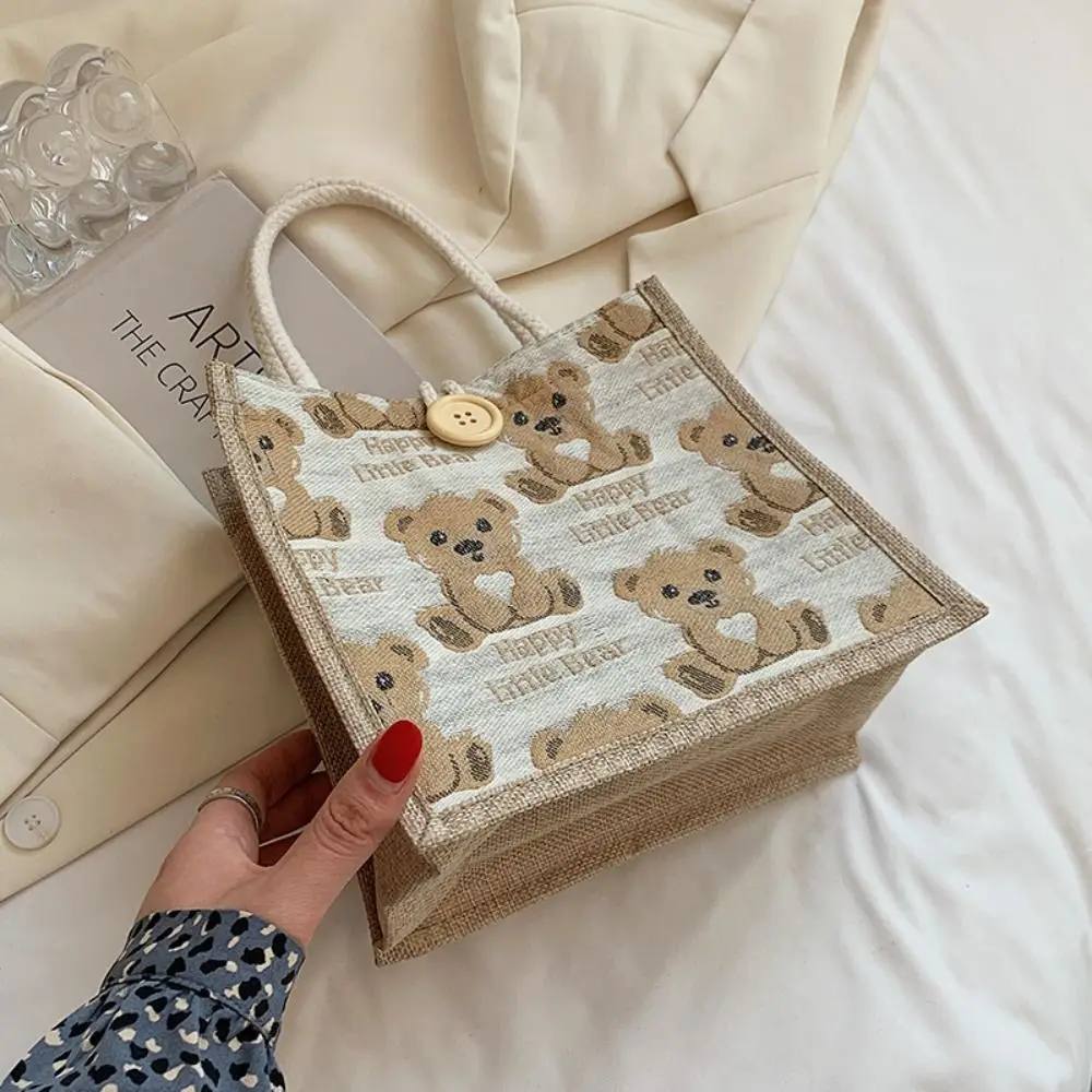 Linen Fabric Canvas Handbag Large-capacity Cartoon Bear Picnic Breakfast Bag With Button Reusable Lunch Bags Women