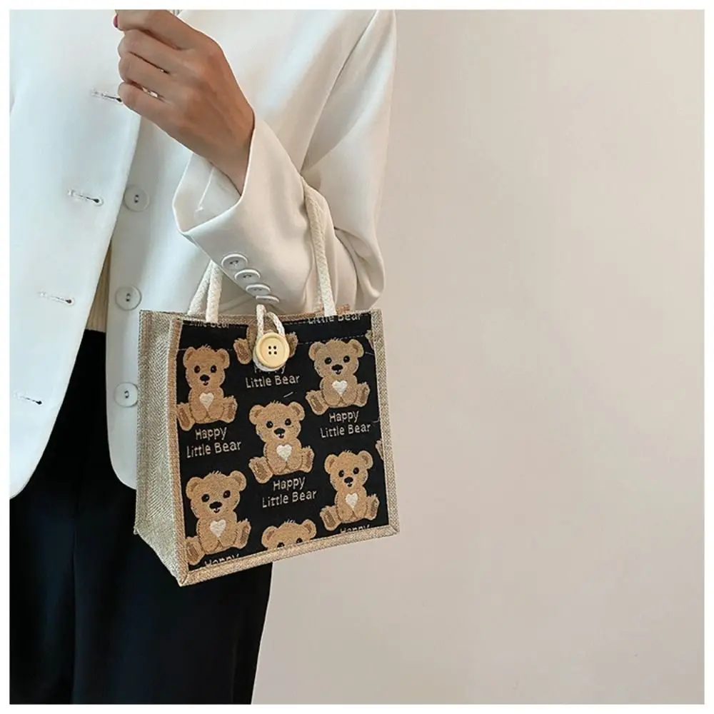 Linen Fabric Canvas Handbag Large-capacity Cartoon Bear Picnic Breakfast Bag With Button Reusable Lunch Bags Women