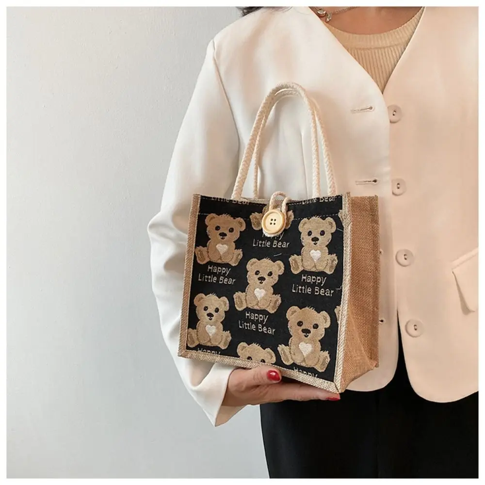 Linen Fabric Canvas Handbag Large-capacity Cartoon Bear Picnic Breakfast Bag With Button Reusable Lunch Bags Women