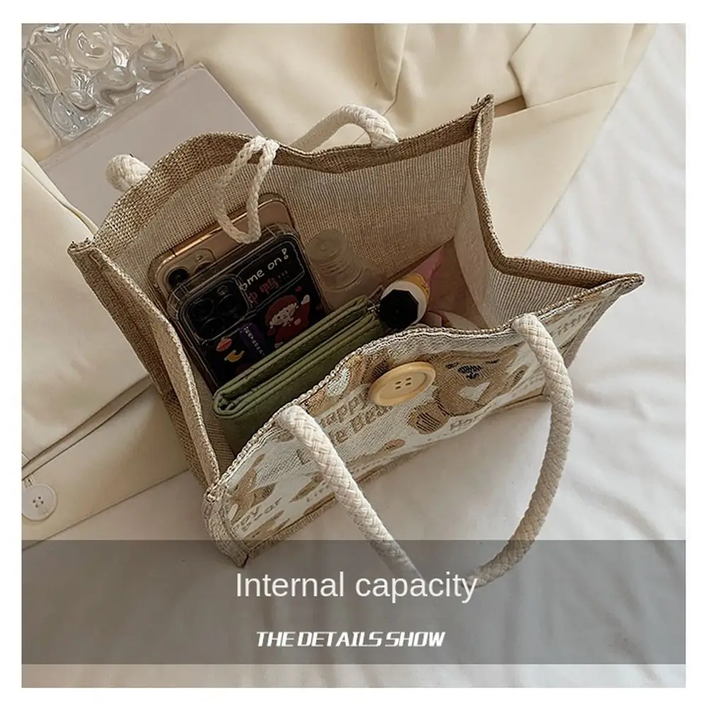 Linen Fabric Canvas Handbag Large-capacity Cartoon Bear Picnic Breakfast Bag With Button Reusable Lunch Bags Women