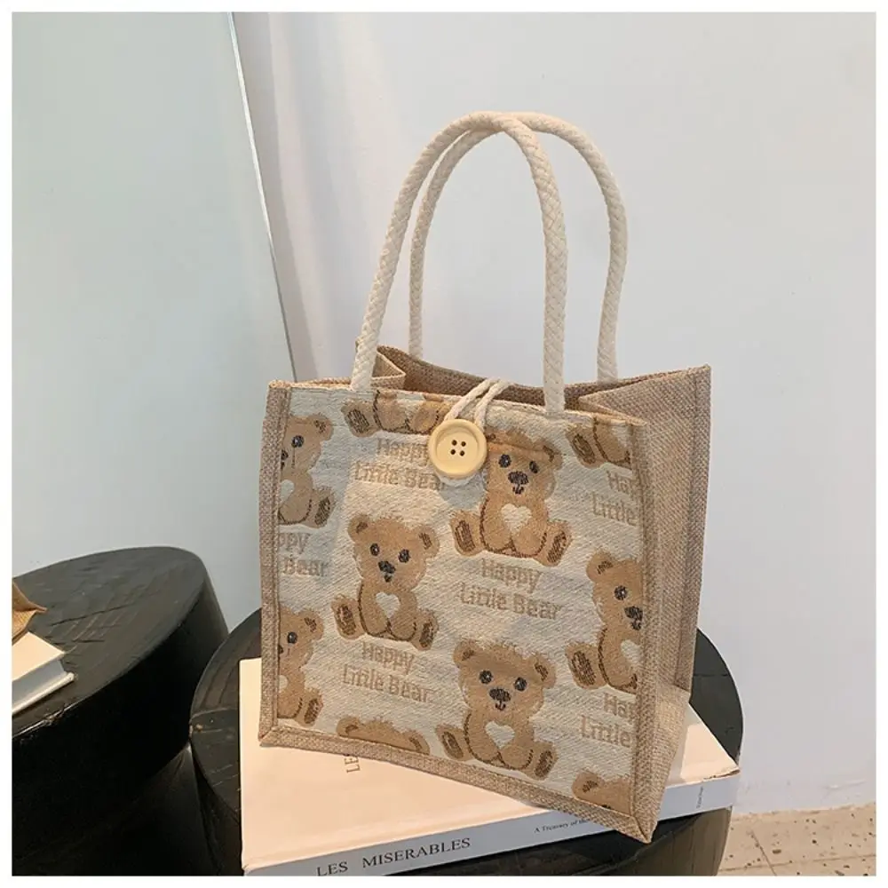 Linen Fabric Canvas Handbag Large-capacity Cartoon Bear Picnic Breakfast Bag With Button Reusable Lunch Bags Women