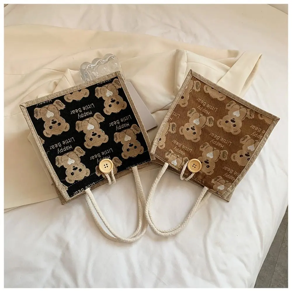 Linen Fabric Canvas Handbag Large-capacity Cartoon Bear Picnic Breakfast Bag With Button Reusable Lunch Bags Women