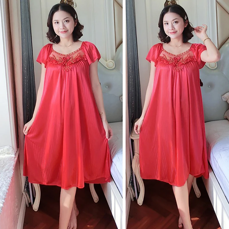 Women's Nightdress Loungewear Ladies Ice Silk Nightgowns Sleeping Dress Medium Length Short Sleeve Home Wear Pyjama Sleepwear