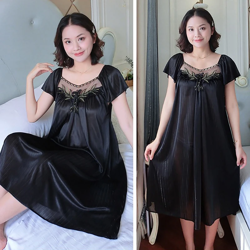 Women's Nightdress Loungewear Ladies Ice Silk Nightgowns Sleeping Dress Medium Length Short Sleeve Home Wear Pyjama Sleepwear