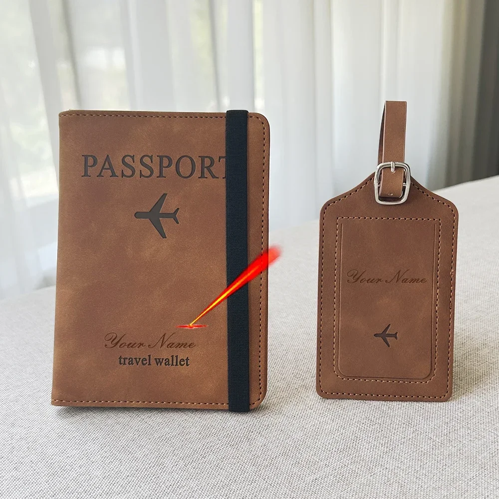 2pcs/set Personalised Name Passport Cover Case and Luggage Tag, Travel Passport Holder Wallet Organizer Gift for Couple
