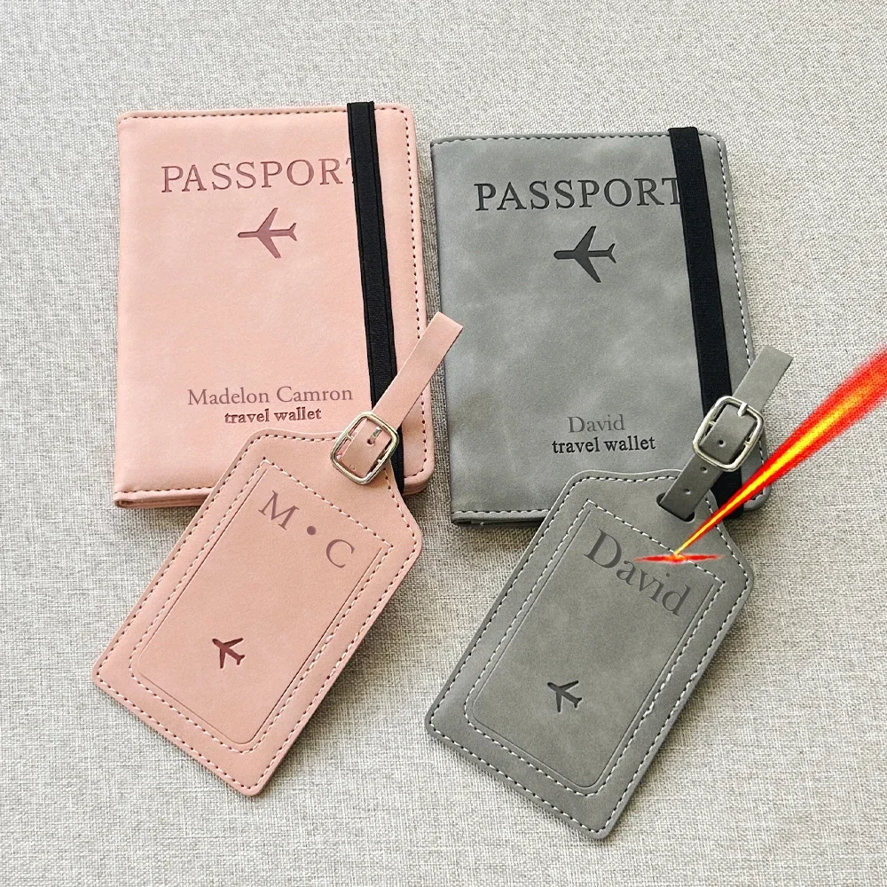 2pcs/set Personalised Name Passport Cover Case and Luggage Tag, Travel Passport Holder Wallet Organizer Gift for Couple