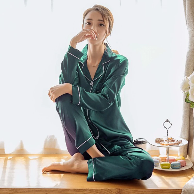Women's Sleepwear Simple Satin Pajama Set Long Sleeve Buttons Lapel Top With Elastic Pants Loungewear Nightwear 2 Piece Nighty