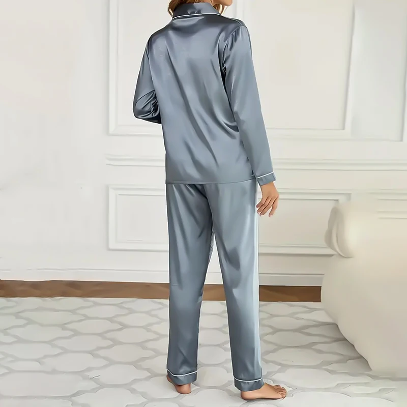 Women's Sleepwear Simple Satin Pajama Set Long Sleeve Buttons Lapel Top With Elastic Pants Loungewear Nightwear 2 Piece Nighty