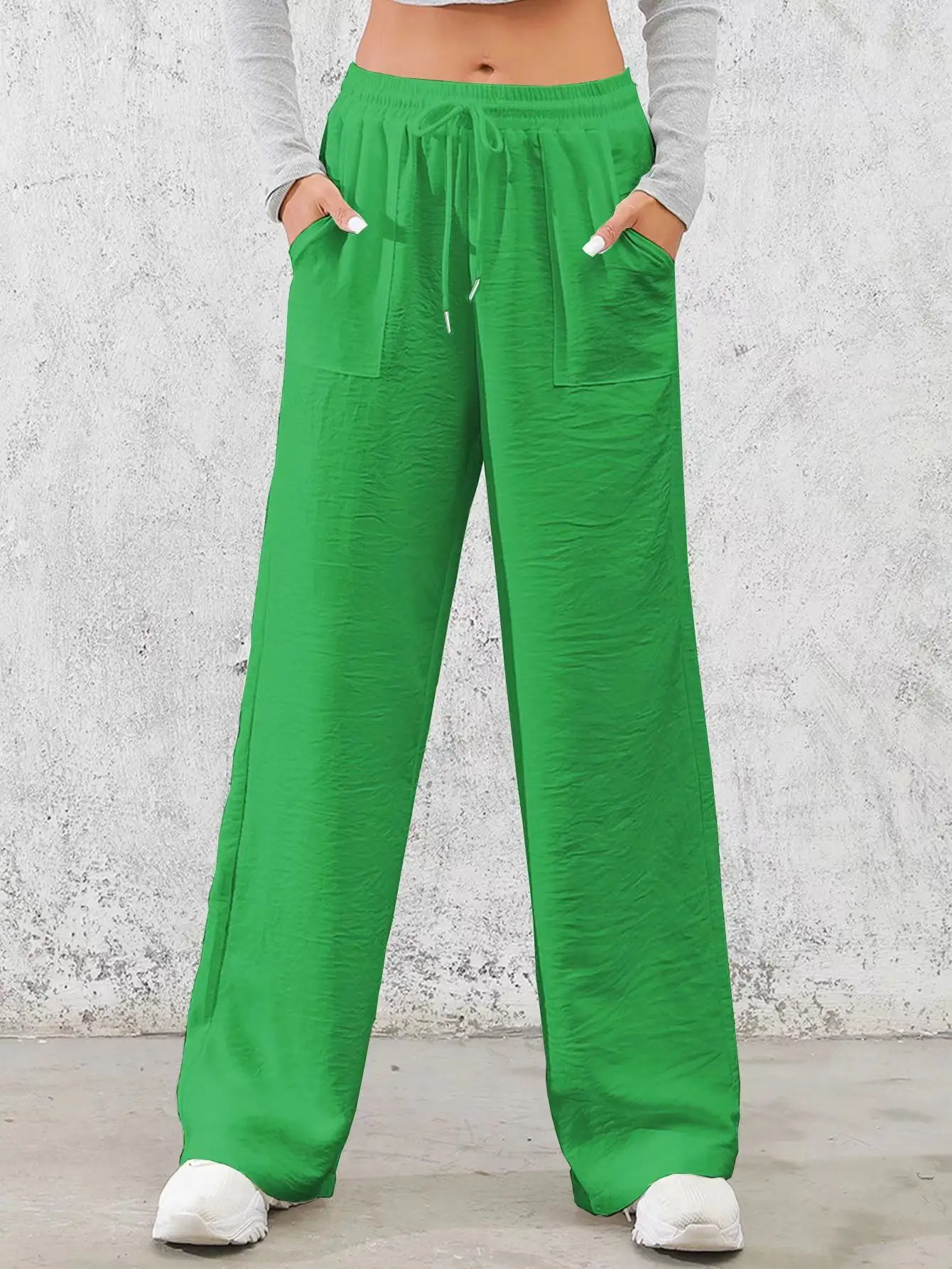 Solid Drawstring Wide Leg Pants, Casual Elastic Waist Slant Pocket Pants For Spring & Summer, Women's Clothing
