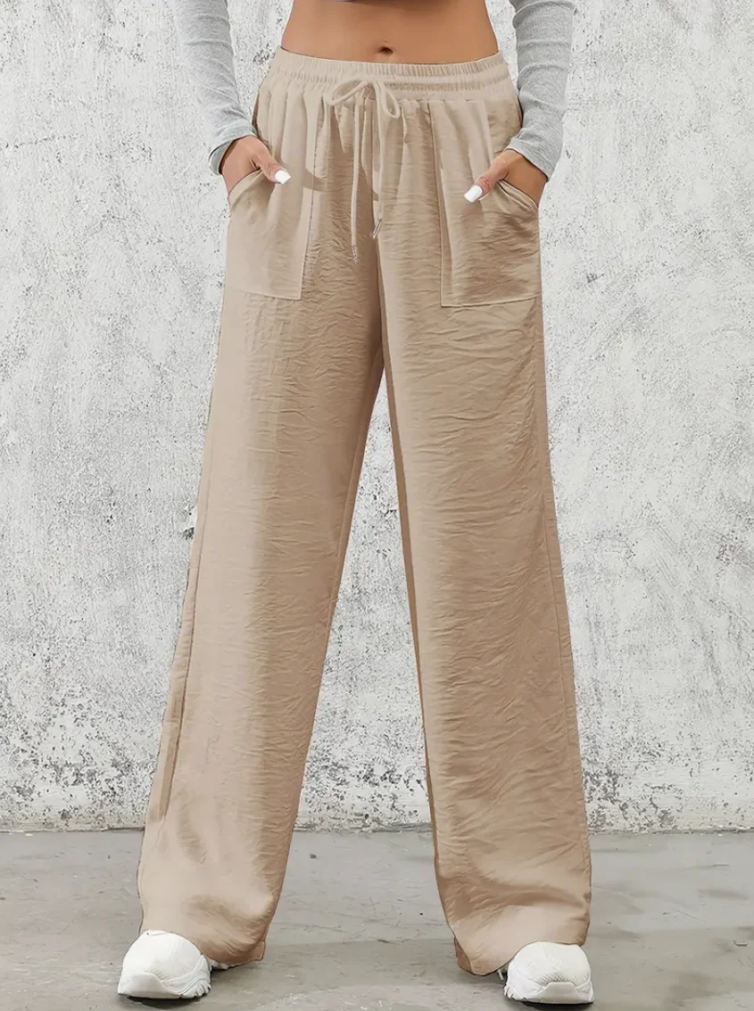 Solid Drawstring Wide Leg Pants, Casual Elastic Waist Slant Pocket Pants For Spring & Summer, Women's Clothing