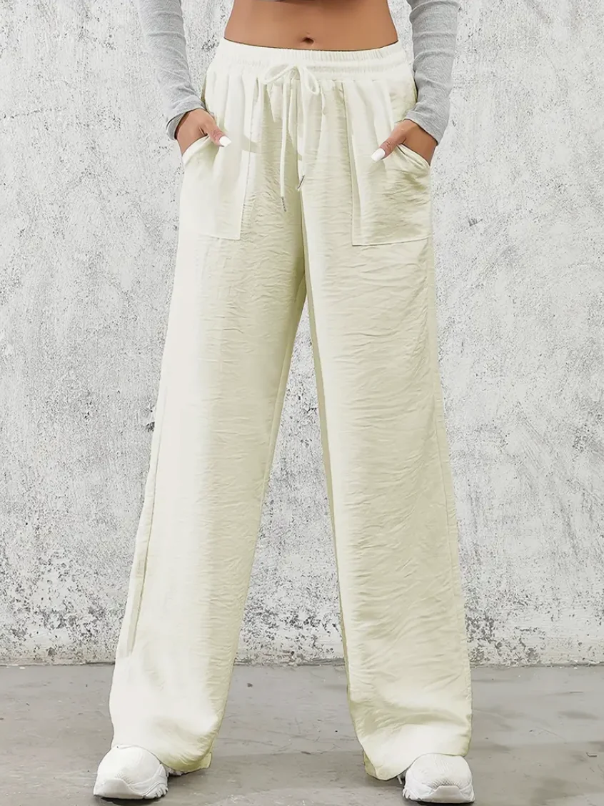 Solid Drawstring Wide Leg Pants, Casual Elastic Waist Slant Pocket Pants For Spring & Summer, Women's Clothing