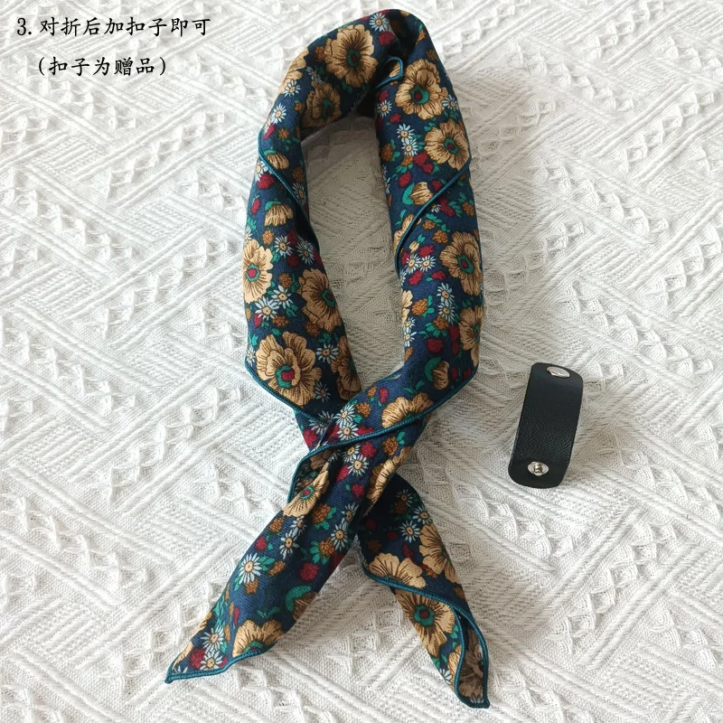 60cm Elegant Cotton Men's Cravat Floral Striped Navy Square Scarf With Button Birds Leaves Print Soft Neckerchief Suit Bandelet