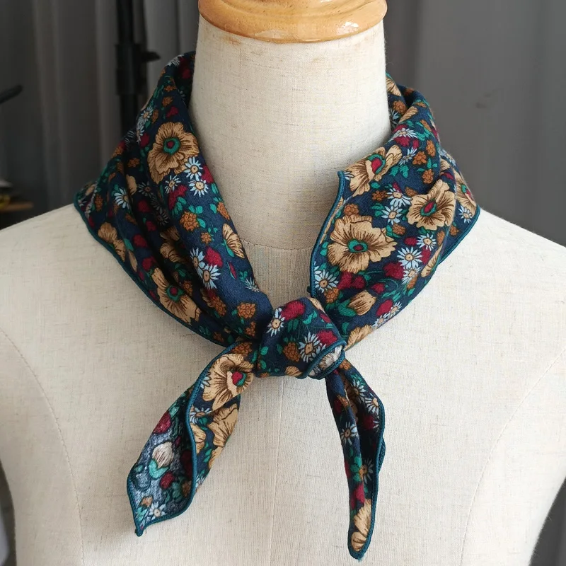 60cm Elegant Cotton Men's Cravat Floral Striped Navy Square Scarf With Button Birds Leaves Print Soft Neckerchief Suit Bandelet