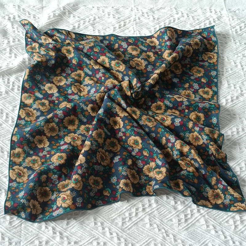 60cm Elegant Cotton Men's Cravat Floral Striped Navy Square Scarf With Button Birds Leaves Print Soft Neckerchief Suit Bandelet
