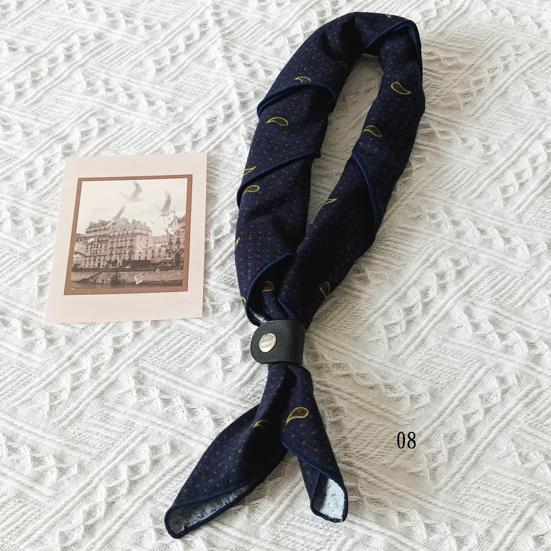 60cm Elegant Cotton Men's Cravat Floral Striped Navy Square Scarf With Button Birds Leaves Print Soft Neckerchief Suit Bandelet