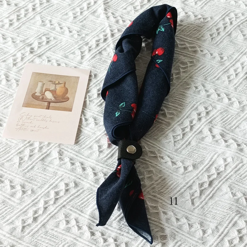 60cm Elegant Cotton Men's Cravat Floral Striped Navy Square Scarf With Button Birds Leaves Print Soft Neckerchief Suit Bandelet