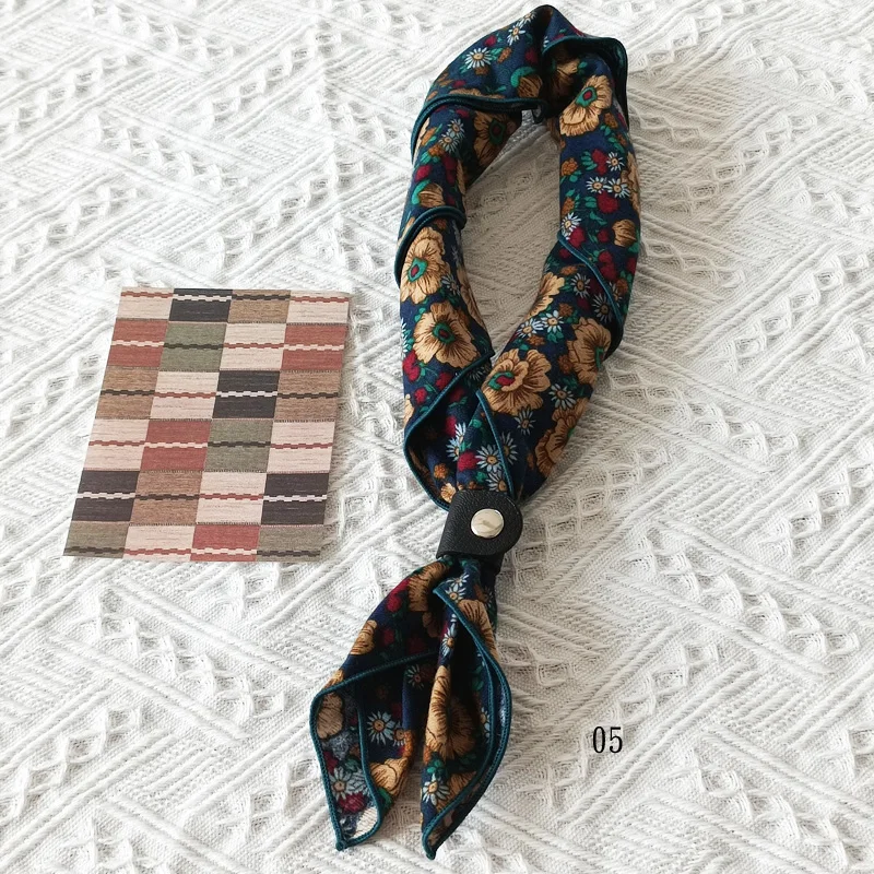 60cm Elegant Cotton Men's Cravat Floral Striped Navy Square Scarf With Button Birds Leaves Print Soft Neckerchief Suit Bandelet
