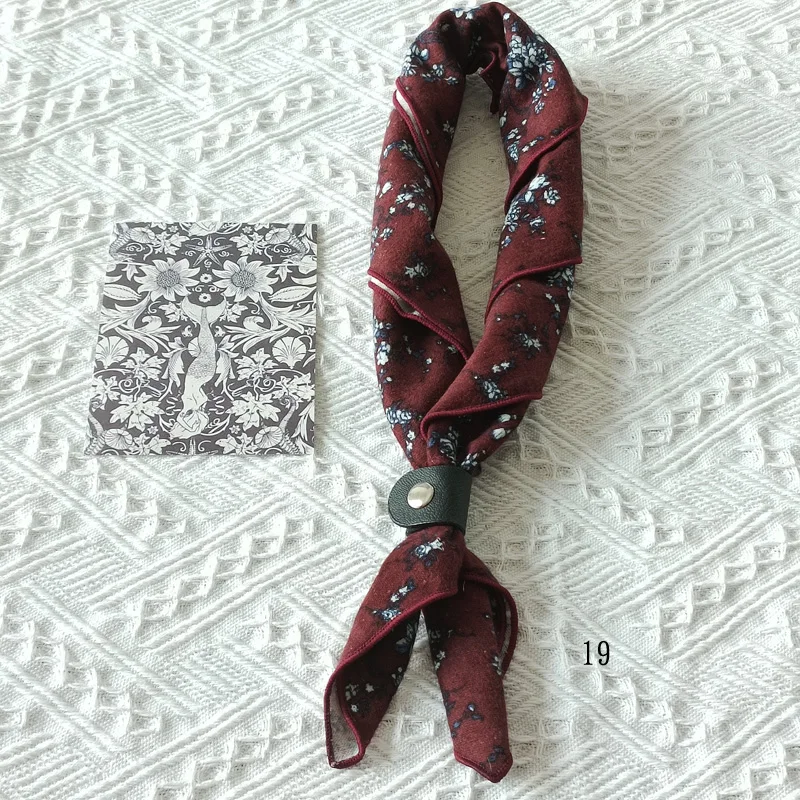 60cm Elegant Cotton Men's Cravat Floral Striped Navy Square Scarf With Button Birds Leaves Print Soft Neckerchief Suit Bandelet