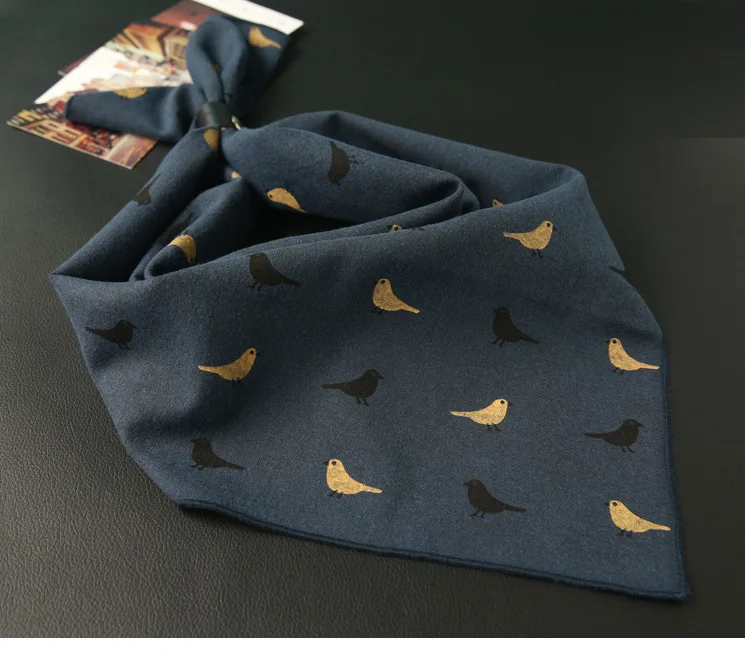 60cm Elegant Cotton Men's Cravat Floral Striped Navy Square Scarf With Button Birds Leaves Print Soft Neckerchief Suit Bandelet