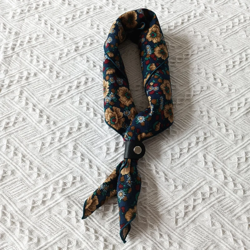 60cm Elegant Cotton Men's Cravat Floral Striped Navy Square Scarf With Button Birds Leaves Print Soft Neckerchief Suit Bandelet