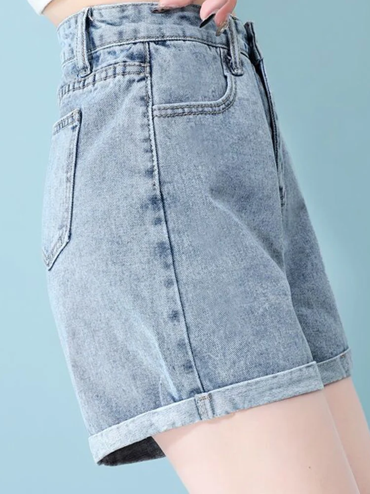 Summer 2024 New Women Rolled Edge Hot Denim Shorts Lady Korean Mini Pants Girls Elastic Blue Black Black Gray A Line Short Jeans