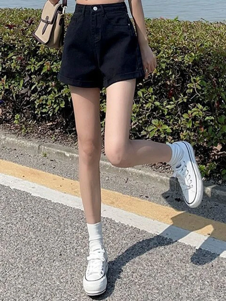 Summer 2024 New Women Rolled Edge Hot Denim Shorts Lady Korean Mini Pants Girls Elastic Blue Black Black Gray A Line Short Jeans