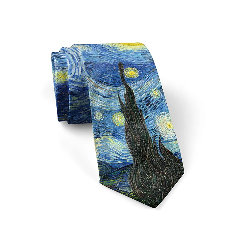 New Van Gogh Oil Painting Tie For Men Star Moon Night Retro Fun 8cm Wide Slim Necktie Accessories Daily Wear Wedding Party Gift