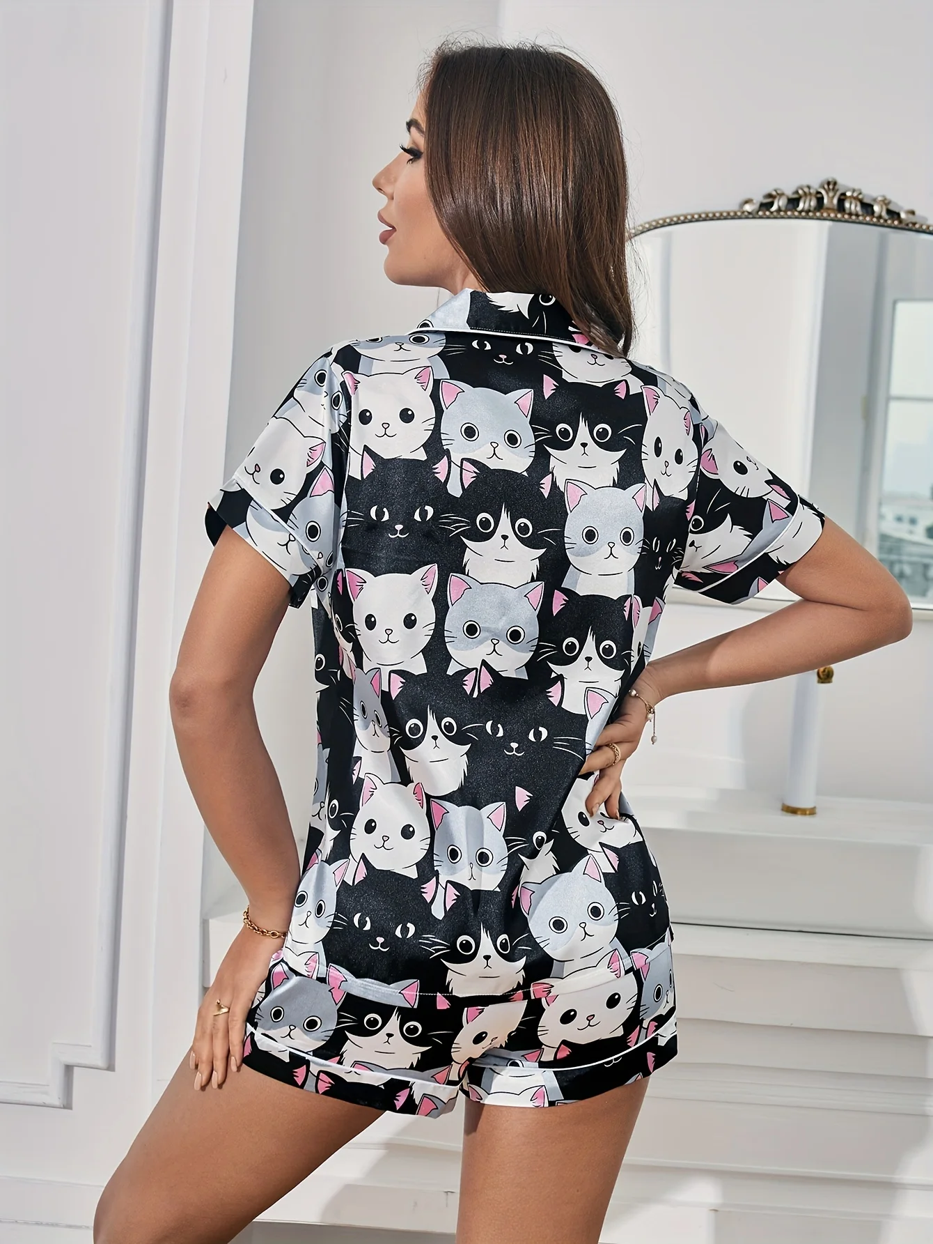 Cute Cat Print Satin Pajama Set for Women Summer Short Sleeve Button Down Sleepwear 2Pcs Soft Silk Loungewear