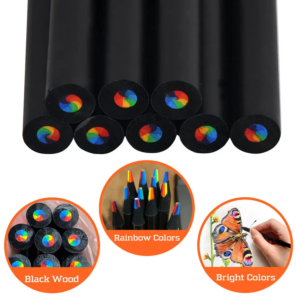 5/10pcs 7-color kawaii black wood rainbow core colored pencil drawing tool wooden pencil art supplies stationery school supplies