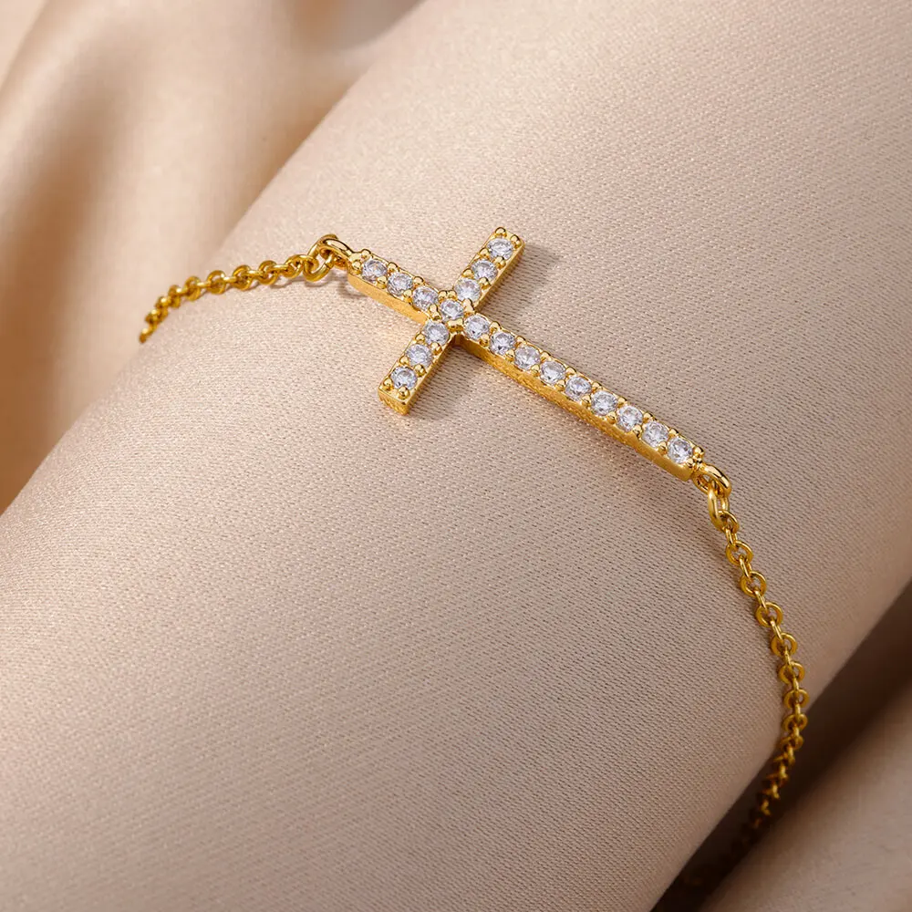 Crystal Cross Bracelets For Women Men Fashion Gold Color Stainless Steel Cross Bracelet Vintage Religion Aesthetic Jewelry Gift