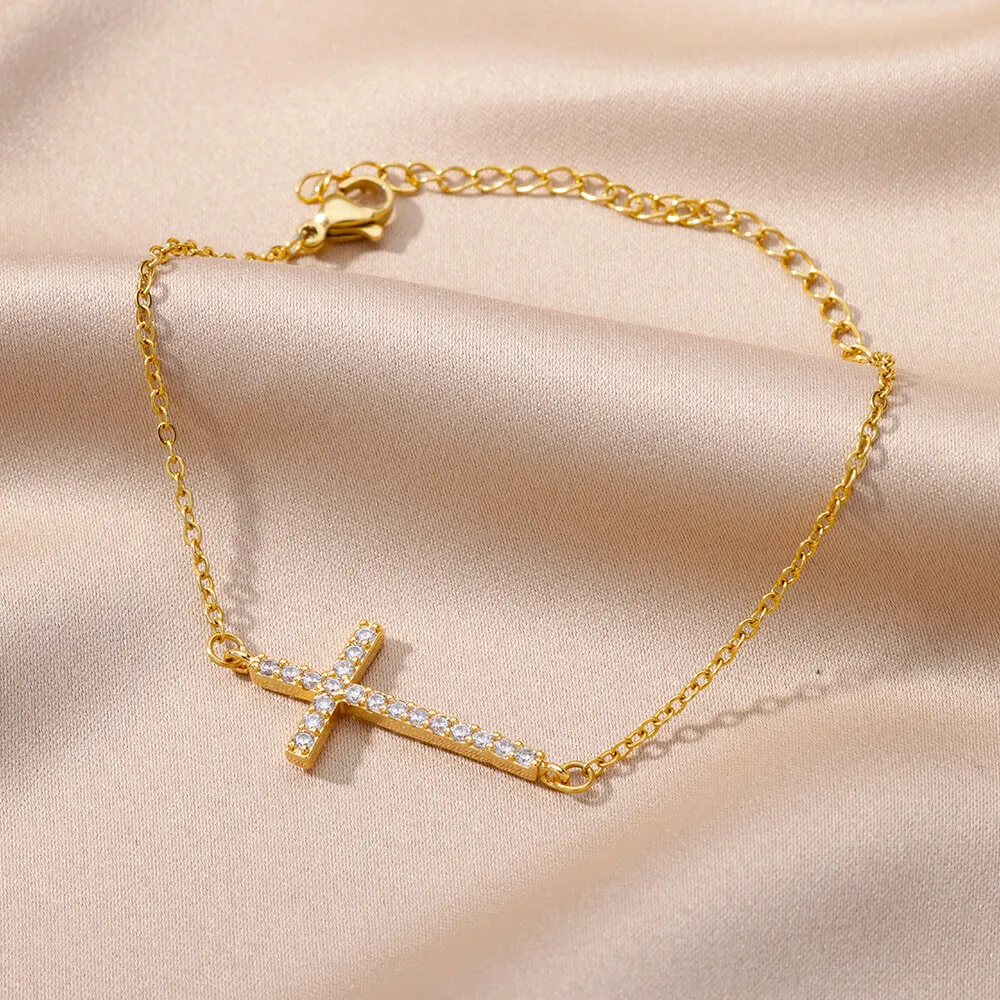 Crystal Cross Bracelets For Women Men Fashion Gold Color Stainless Steel Cross Bracelet Vintage Religion Aesthetic Jewelry Gift