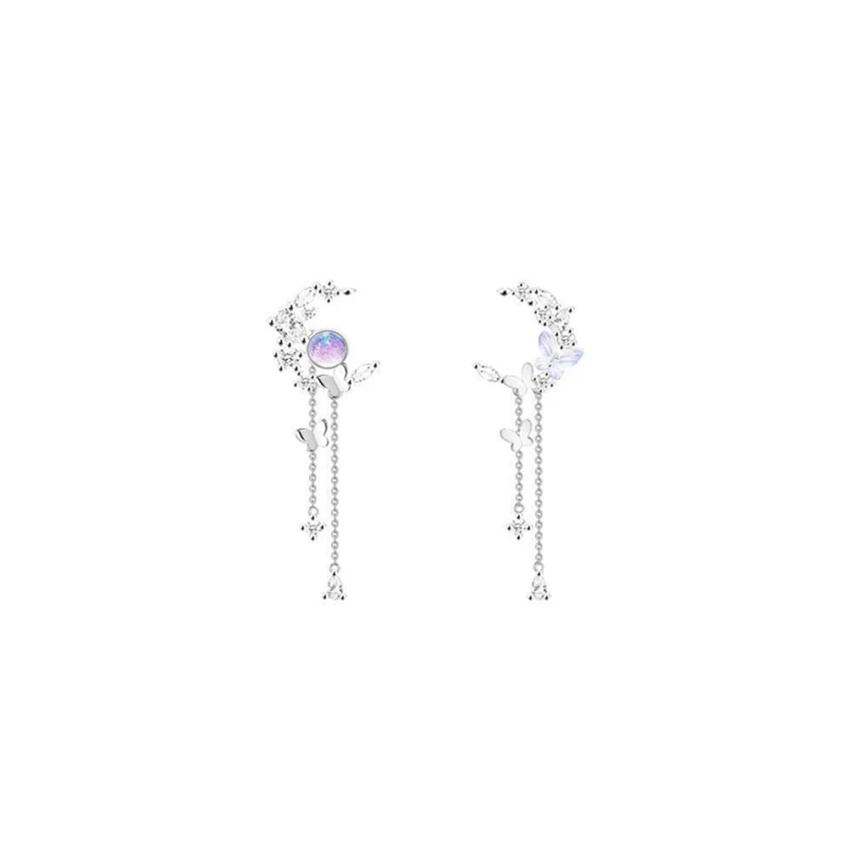 Korean Exquisite Planet Moon Butterfly Tassel Earrings for Women Sparkling Crystal Asymmetrical Drop Earrings Girl Party Jewelry