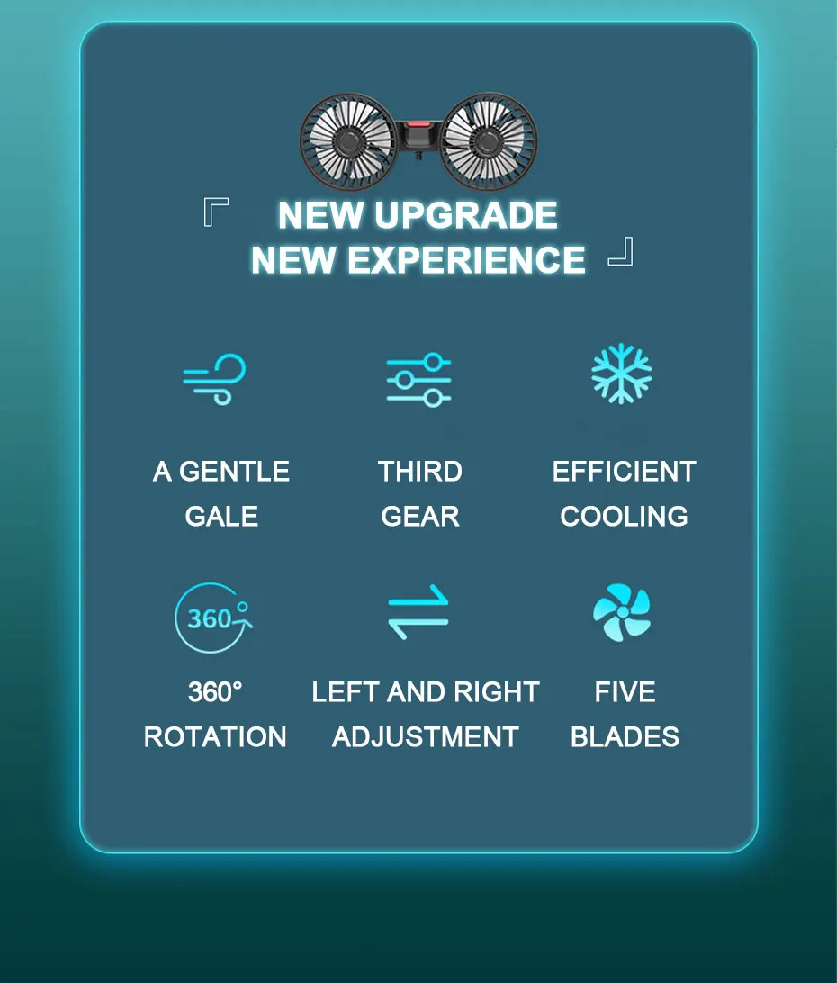 SEAMETAL 3-speed Car Seat Back Cooling Fan USB Charge Dual Head Fan 360 Degree Rotation Neck Cooler for Summer Car Accessories