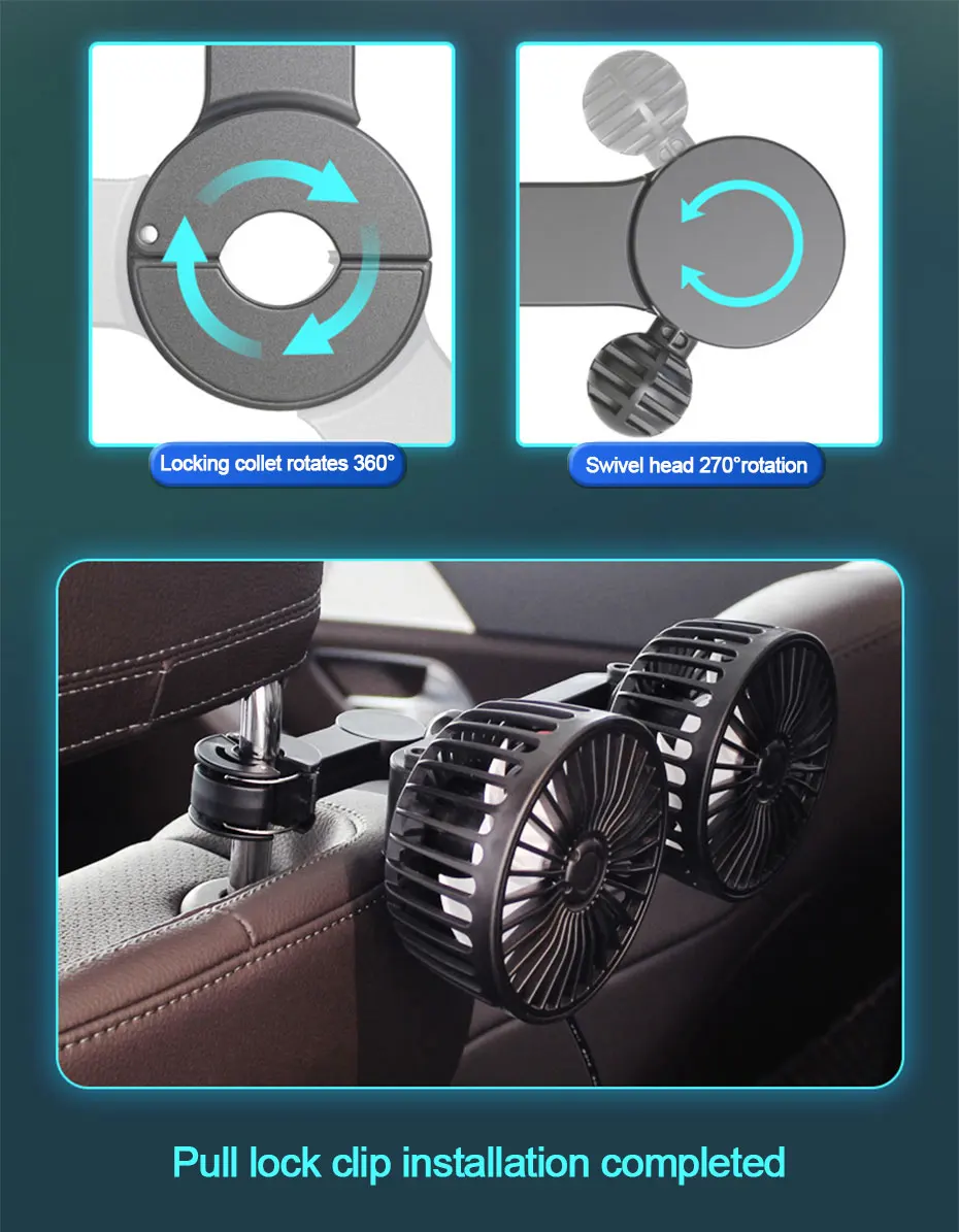 SEAMETAL 3-speed Car Seat Back Cooling Fan USB Charge Dual Head Fan 360 Degree Rotation Neck Cooler for Summer Car Accessories