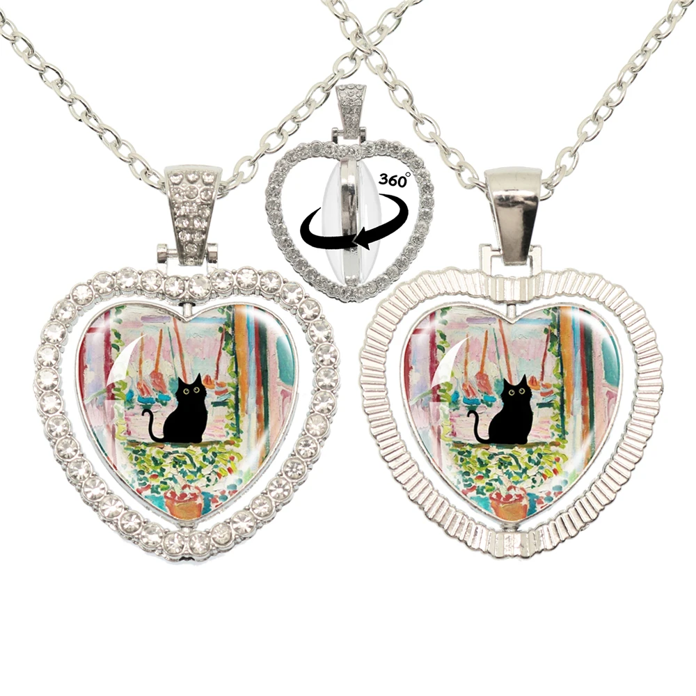 Lovely Little Cat Glass Cabochon 360 Degree Rotating Heart Shaped Pendant With Double-Sided Necklace For Girls' Birthday Gift Je