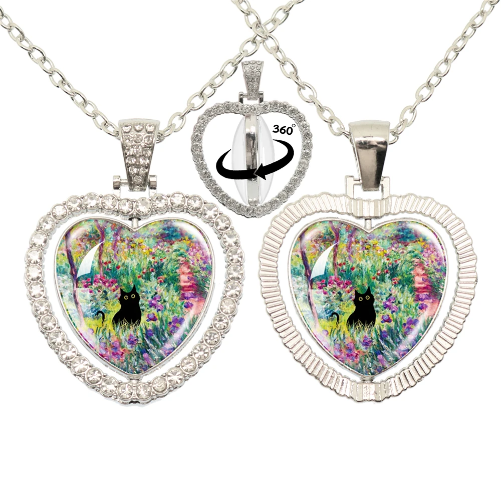 Lovely Little Cat Glass Cabochon 360 Degree Rotating Heart Shaped Pendant With Double-Sided Necklace For Girls' Birthday Gift Je