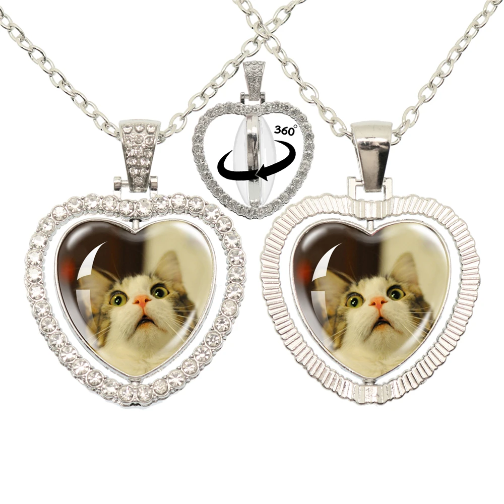 Lovely Little Cat Glass Cabochon 360 Degree Rotating Heart Shaped Pendant With Double-Sided Necklace For Girls' Birthday Gift Je