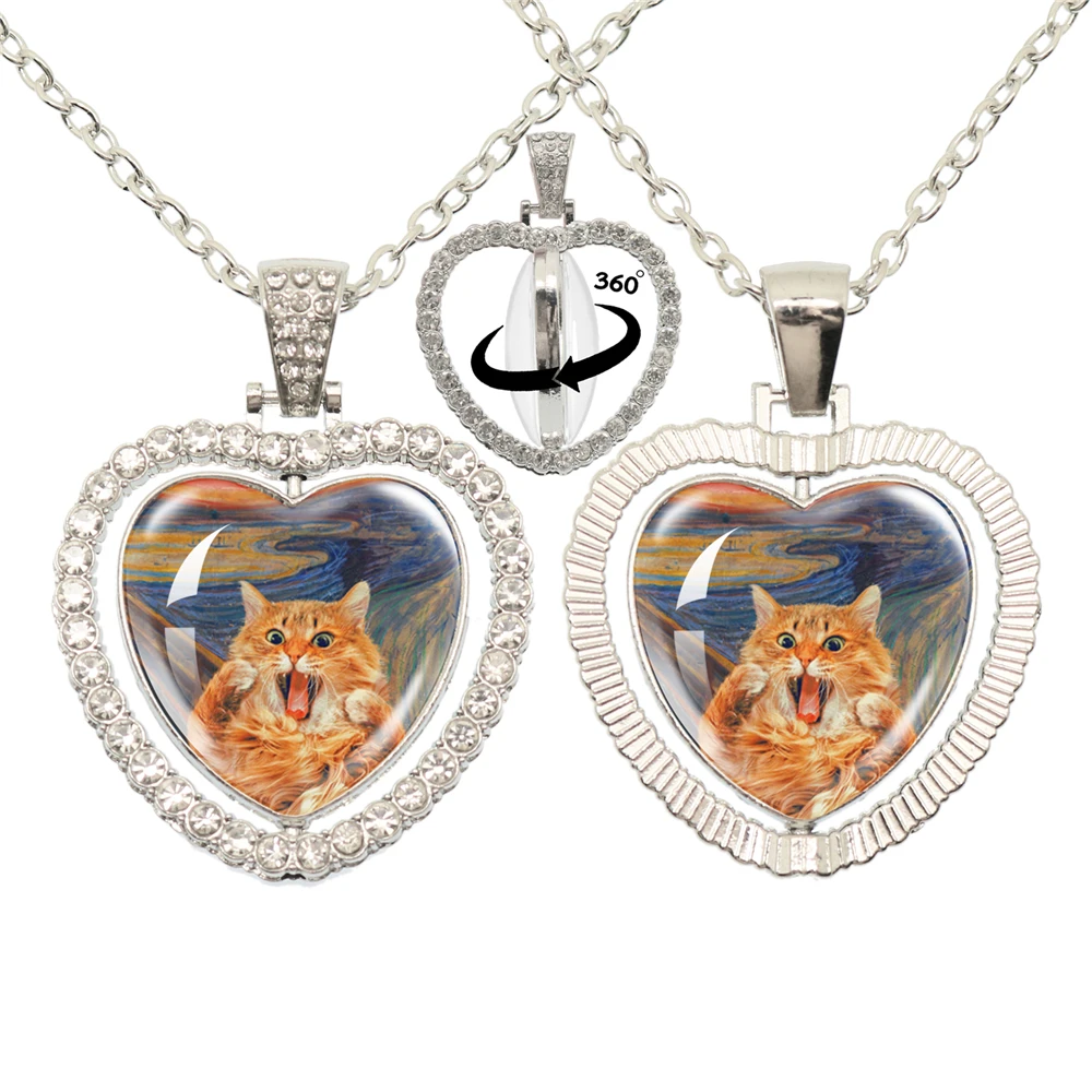 Lovely Little Cat Glass Cabochon 360 Degree Rotating Heart Shaped Pendant With Double-Sided Necklace For Girls' Birthday Gift Je