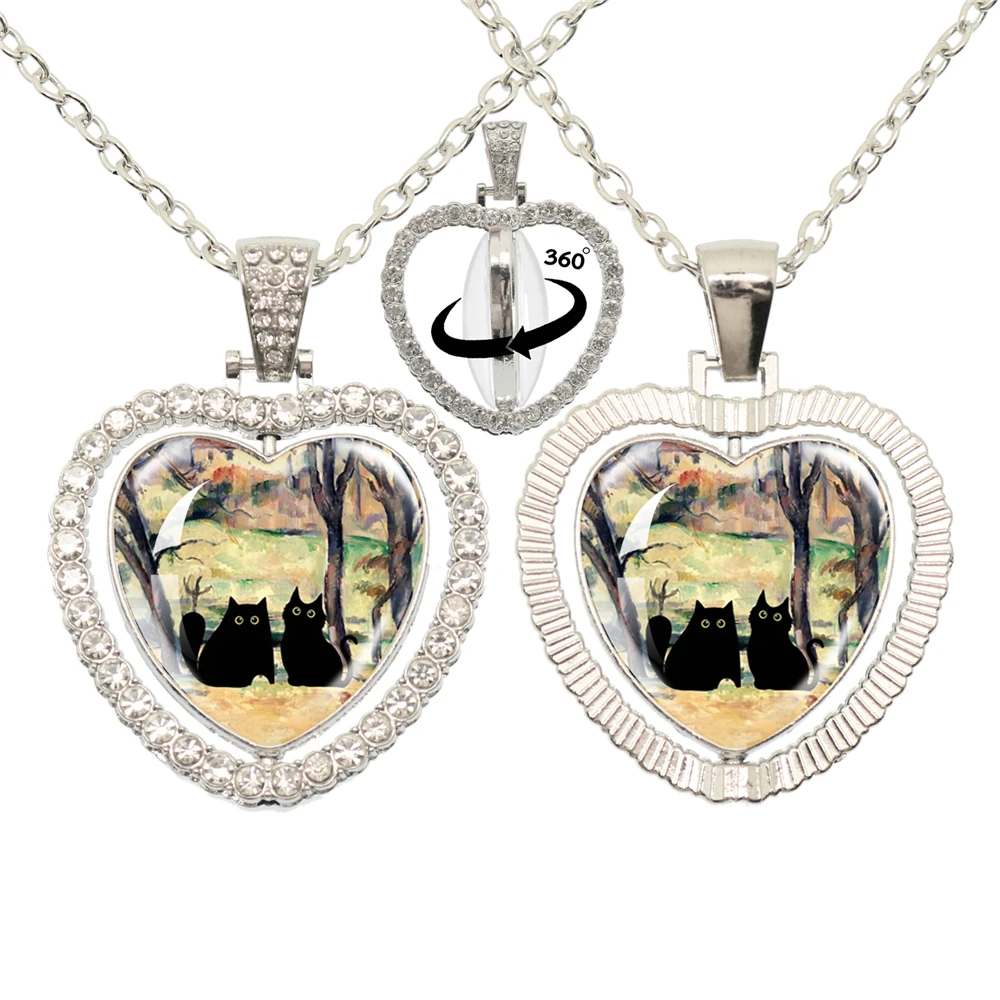 Lovely Little Cat Glass Cabochon 360 Degree Rotating Heart Shaped Pendant With Double-Sided Necklace For Girls' Birthday Gift Je