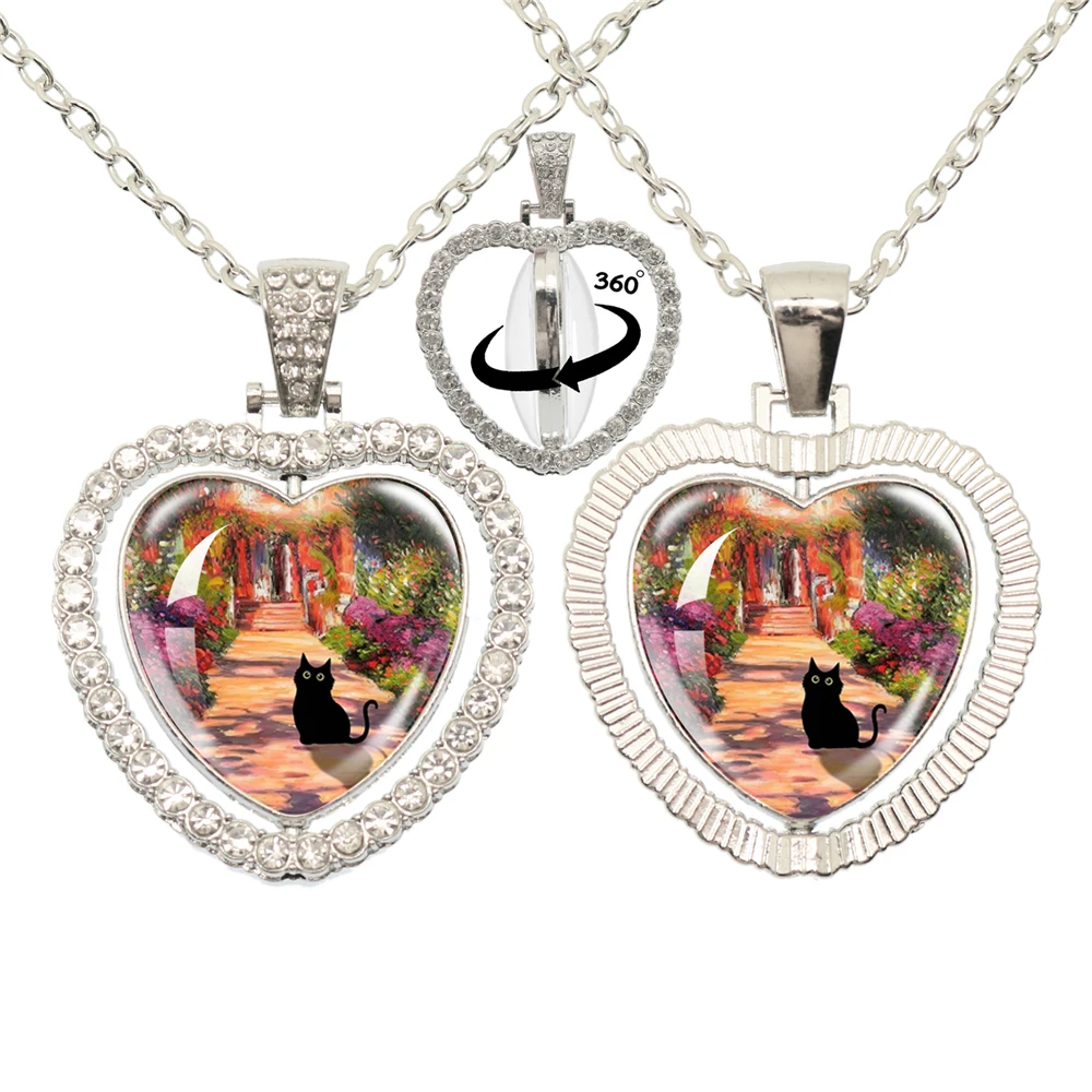 Lovely Little Cat Glass Cabochon 360 Degree Rotating Heart Shaped Pendant With Double-Sided Necklace For Girls' Birthday Gift Je