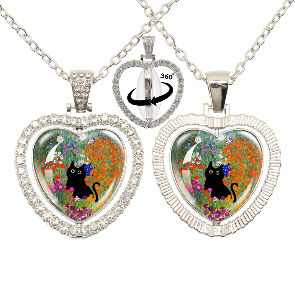 Lovely Little Cat Glass Cabochon 360 Degree Rotating Heart Shaped Pendant With Double-Sided Necklace For Girls' Birthday Gift Je