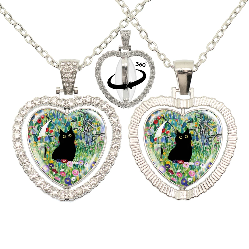 Lovely Little Cat Glass Cabochon 360 Degree Rotating Heart Shaped Pendant With Double-Sided Necklace For Girls' Birthday Gift Je
